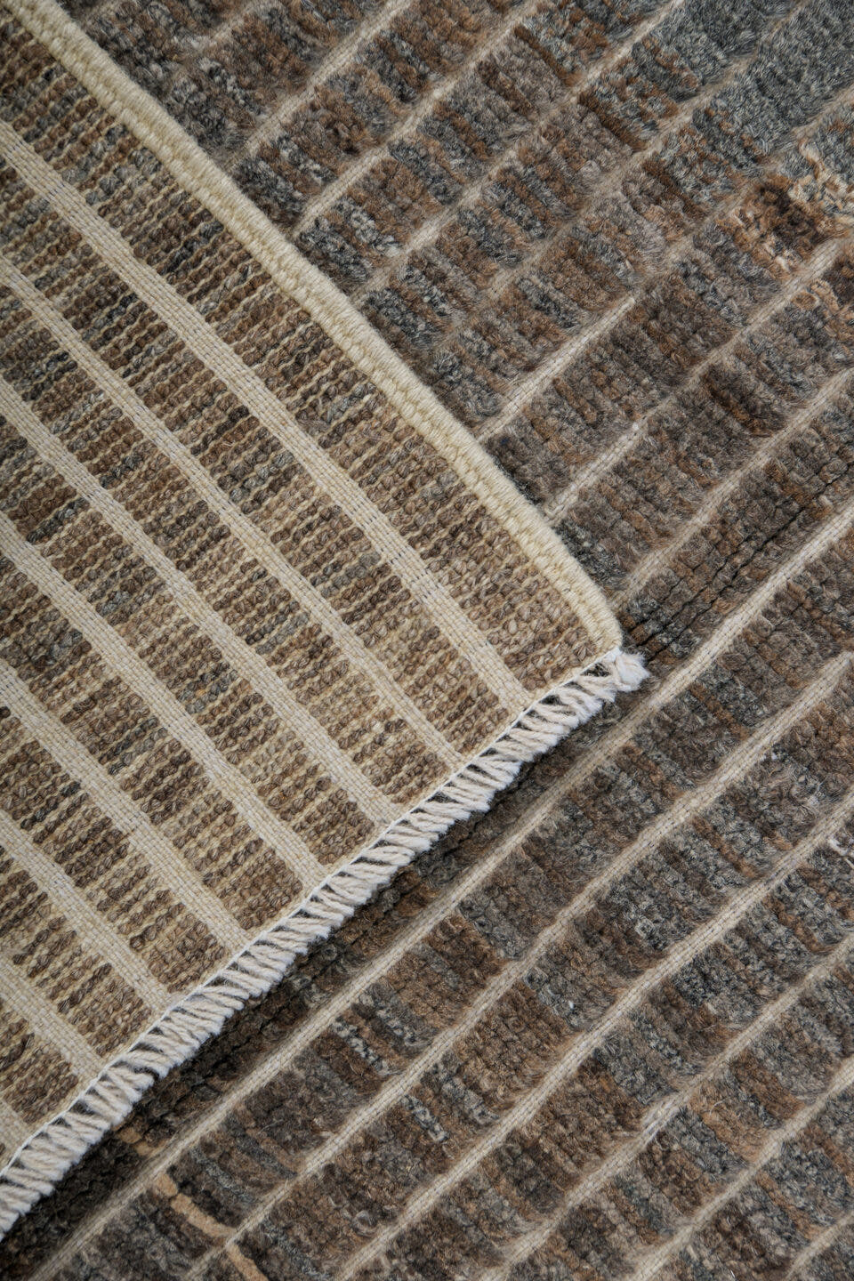 3' x 9' one-of-a-kind handmade vintage Tulu runner rug. Color palette: brown, ivory, taupe, charcoal, camel, gray, beige