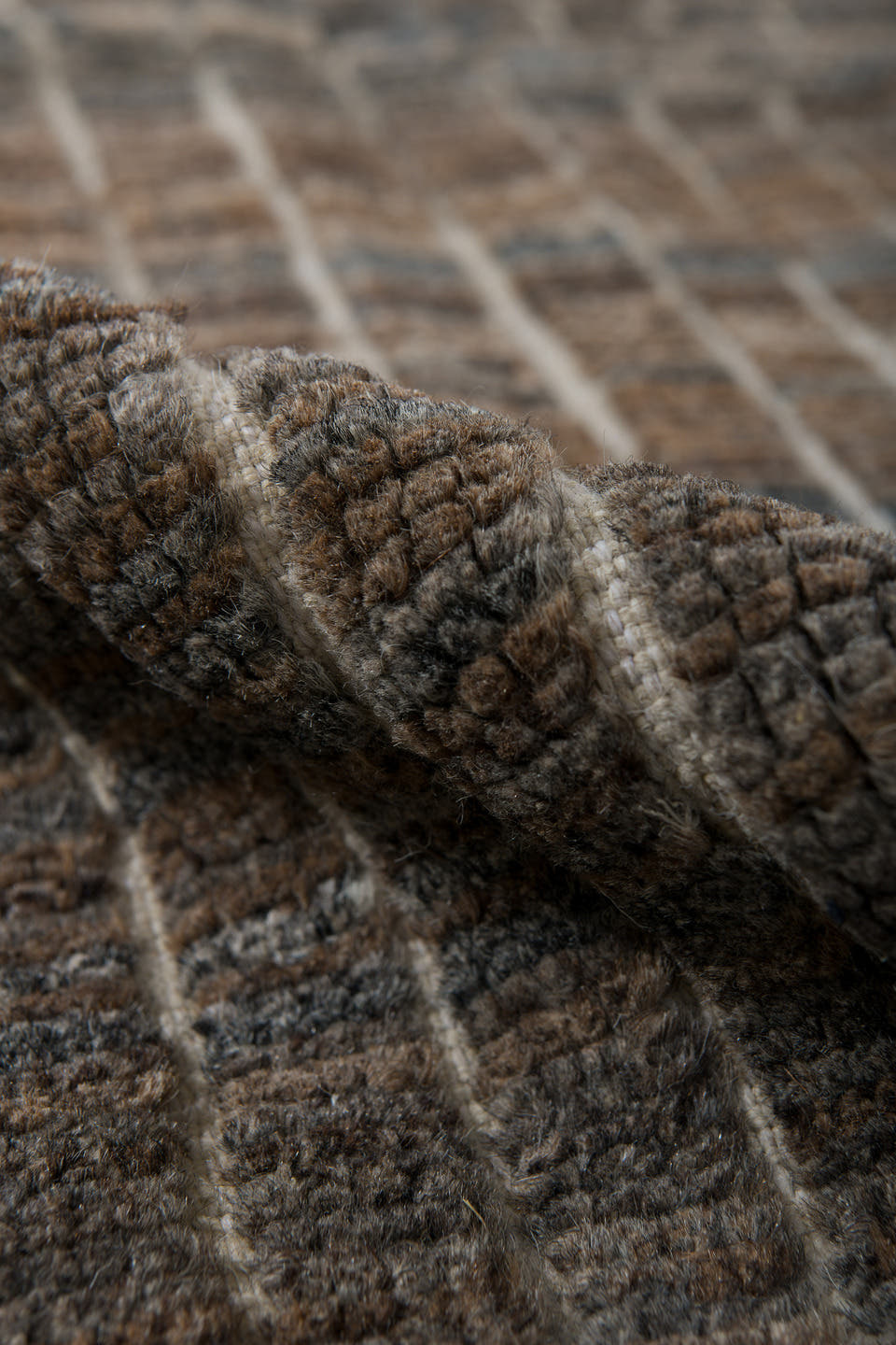 3' x 9' one-of-a-kind handmade vintage Tulu runner rug. Color palette: brown, ivory, taupe, charcoal, camel, gray, beige