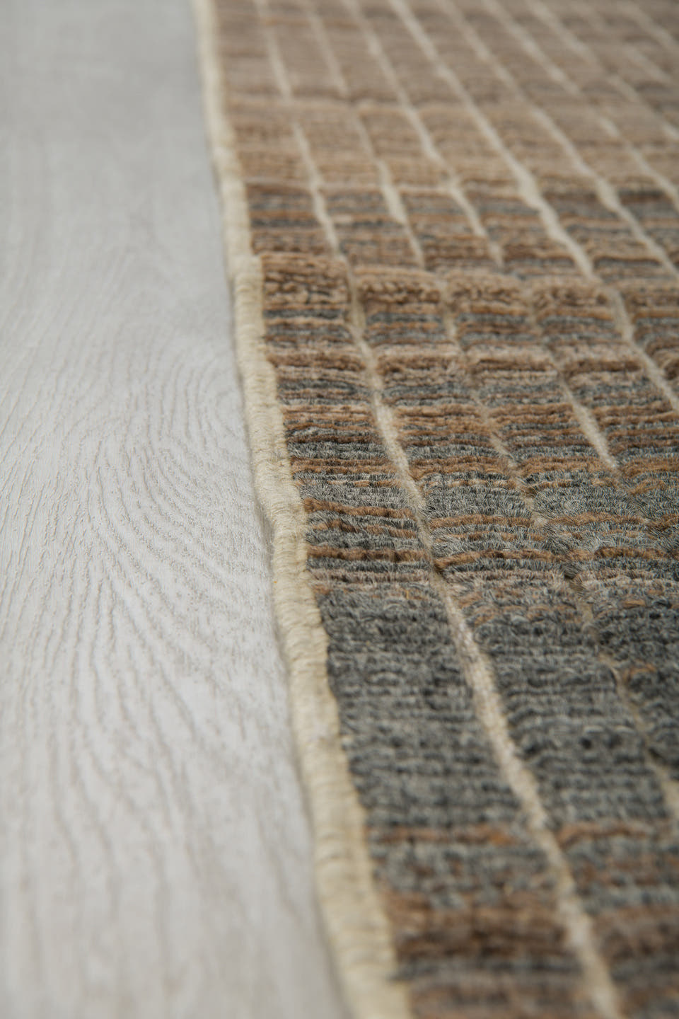 3' x 9' one-of-a-kind handmade vintage Tulu runner rug. Color palette: brown, ivory, taupe, charcoal, camel, gray, beige