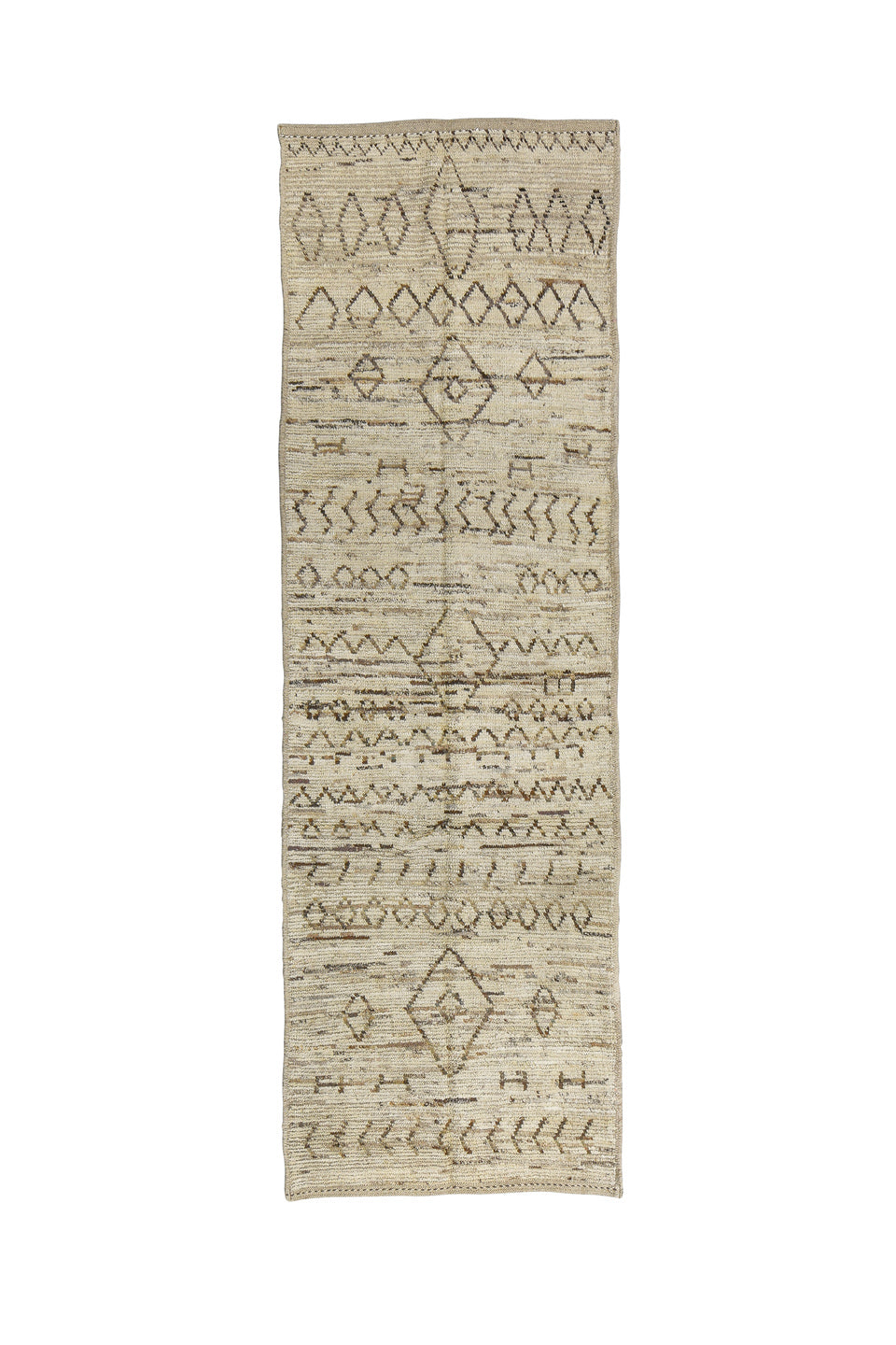 3' x 9' one-of-a-kind handmade vintage Tulu runner rug. Color palette: brown, dark gray, gray, light gray, off-white, silver