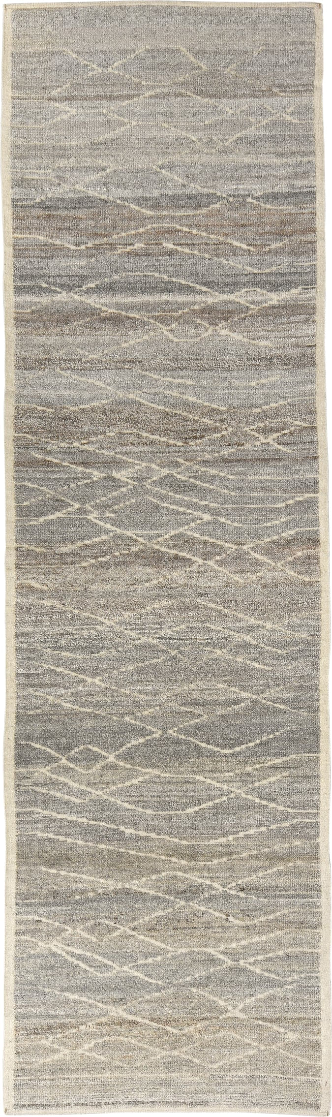 3' x 10' one-of-a-kind handmade vintage Tulu runner rug. Color palette: taupe, ivory, gray, cream, greige, beige