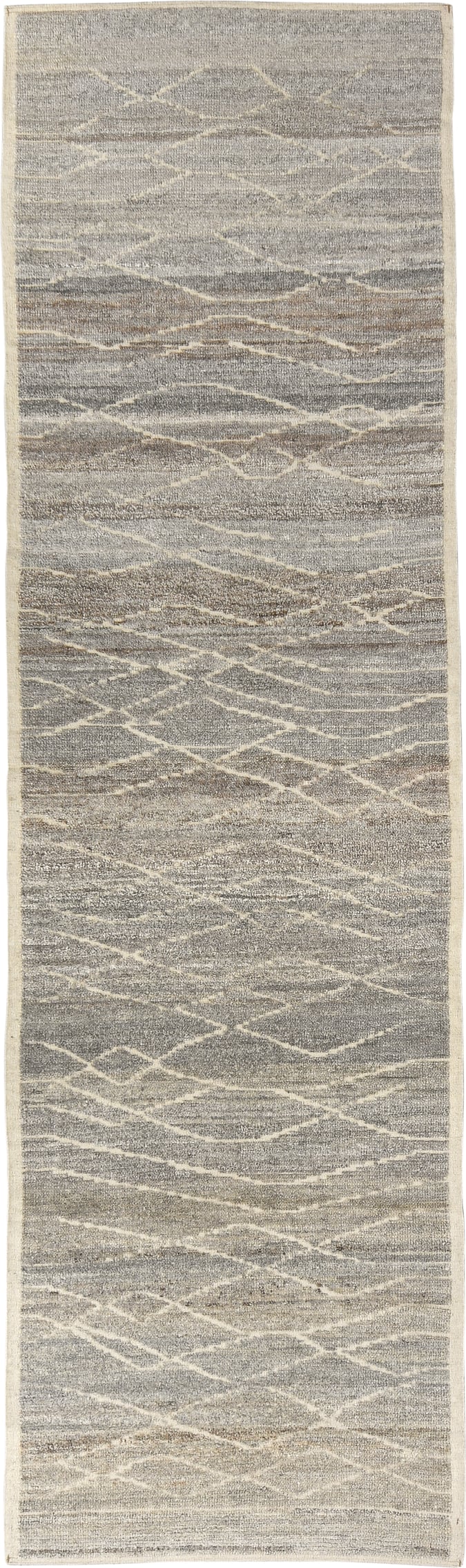 3' x 10' one-of-a-kind handmade vintage Tulu runner rug. Color palette: taupe, ivory, gray, cream, greige, beige