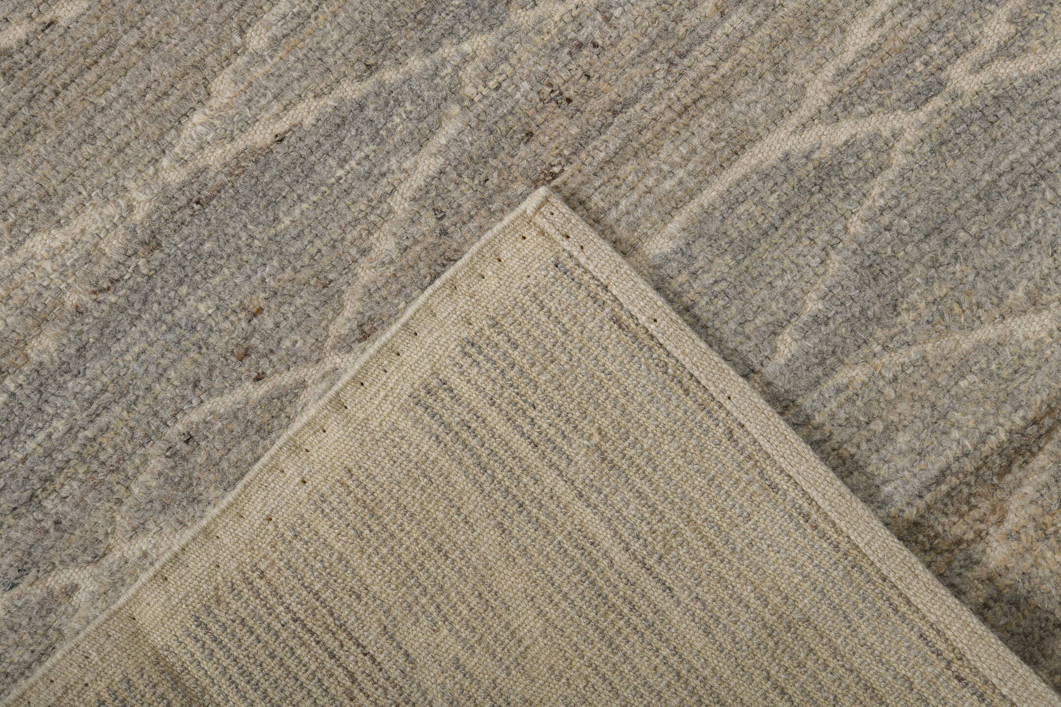 3' x 10' one-of-a-kind handmade vintage Tulu runner rug. Color palette: taupe, ivory, gray, cream, greige, beige
