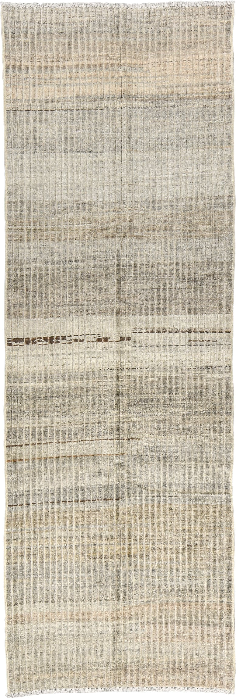 3' x 9' one-of-a-kind handmade vintage Tulu runner rug. Color palette: ivory, taupe, gray, brown, cream, beige