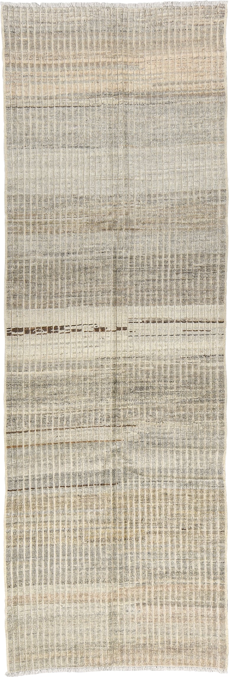 3' x 9' one-of-a-kind handmade vintage Tulu runner rug. Color palette: ivory, taupe, gray, brown, cream, beige