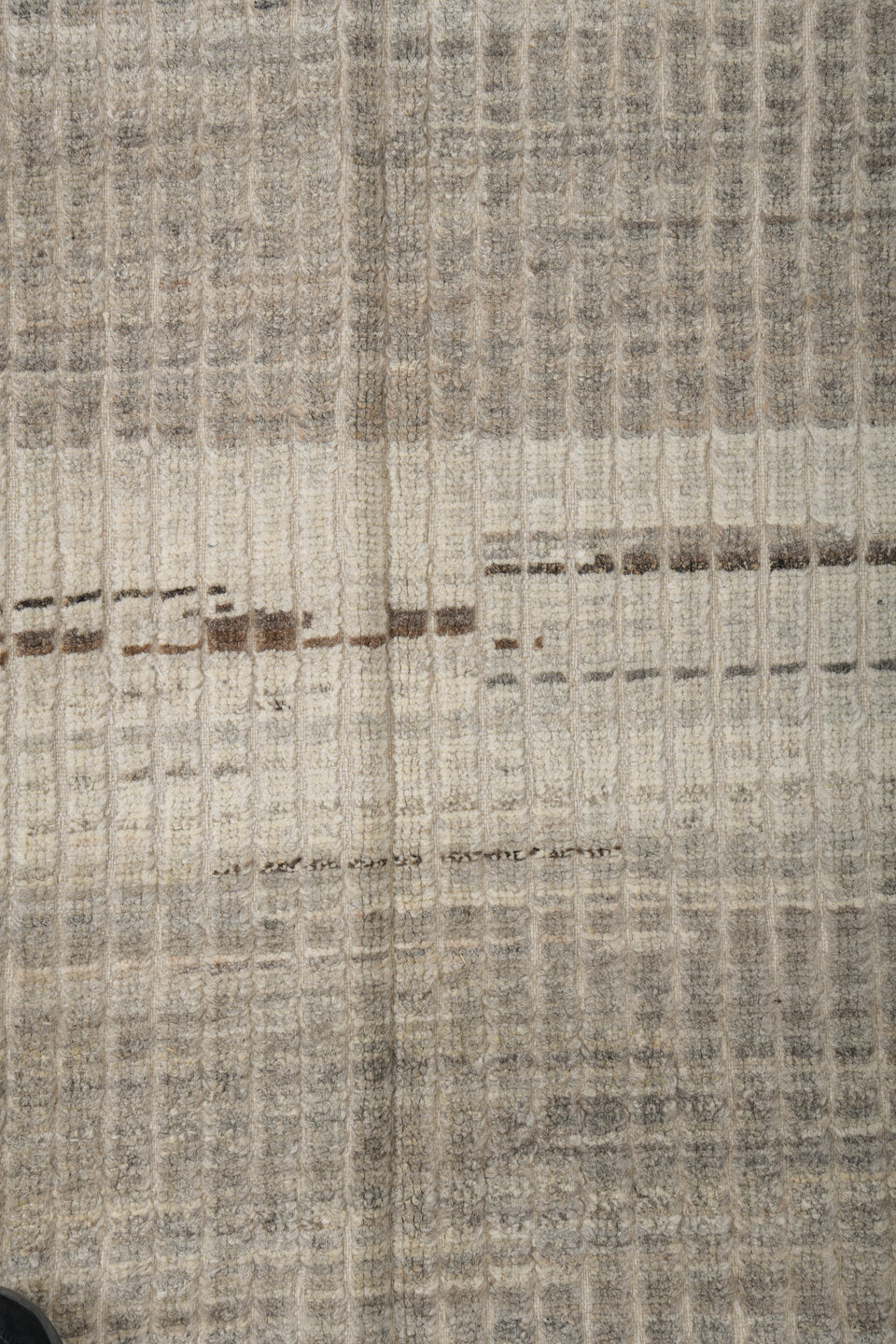 3' x 9' one-of-a-kind handmade vintage Tulu runner rug. Color palette: dark gray, gray, light gray, off-white, silver