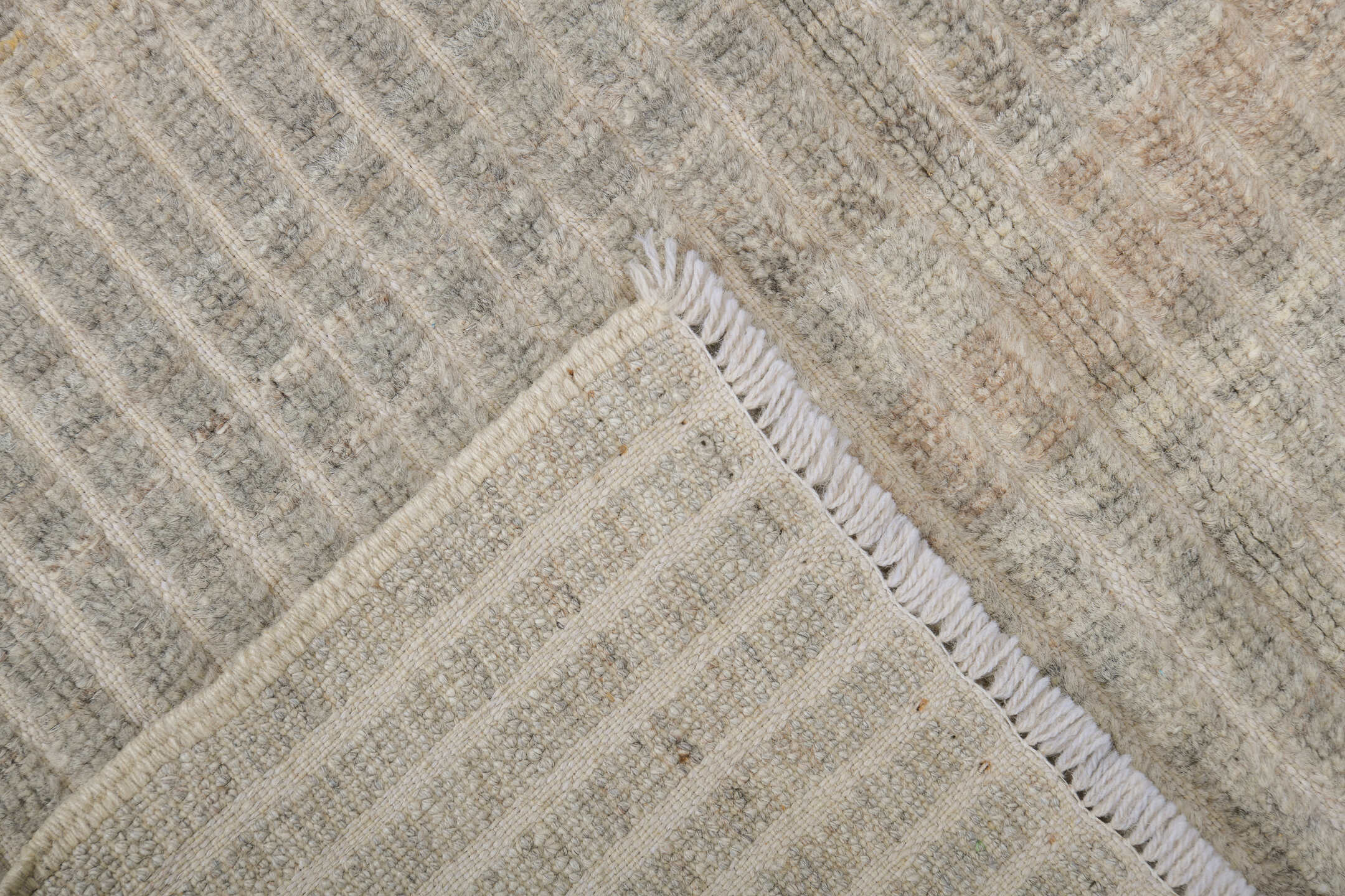 3' x 9' one-of-a-kind handmade vintage Tulu runner rug. Color palette: ivory, taupe, gray, brown, cream, beige