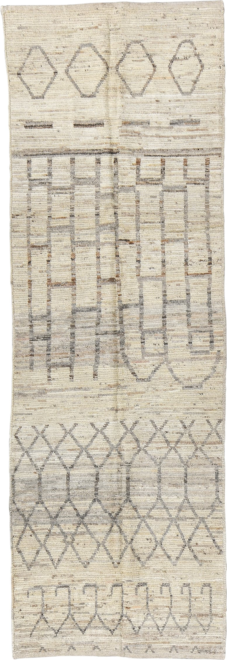 3' x 9' one-of-a-kind handmade vintage Tulu runner rug. Color palette: ivory, taupe, charcoal, beige, cream, gray, black