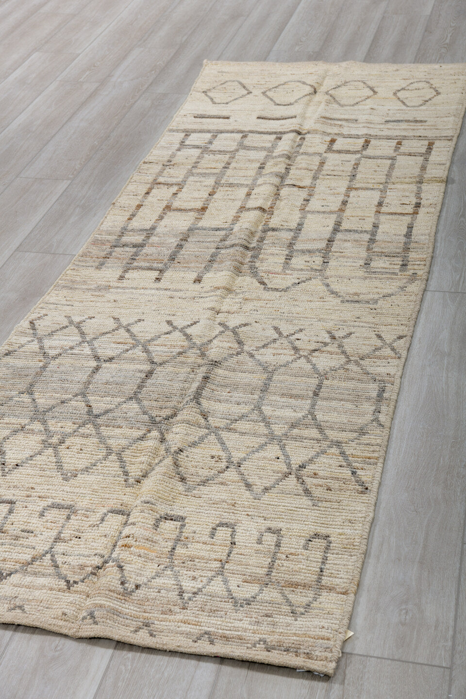 3' x 9' one-of-a-kind handmade vintage Tulu runner rug. Color palette: ivory, taupe, charcoal, beige, cream, gray, black
