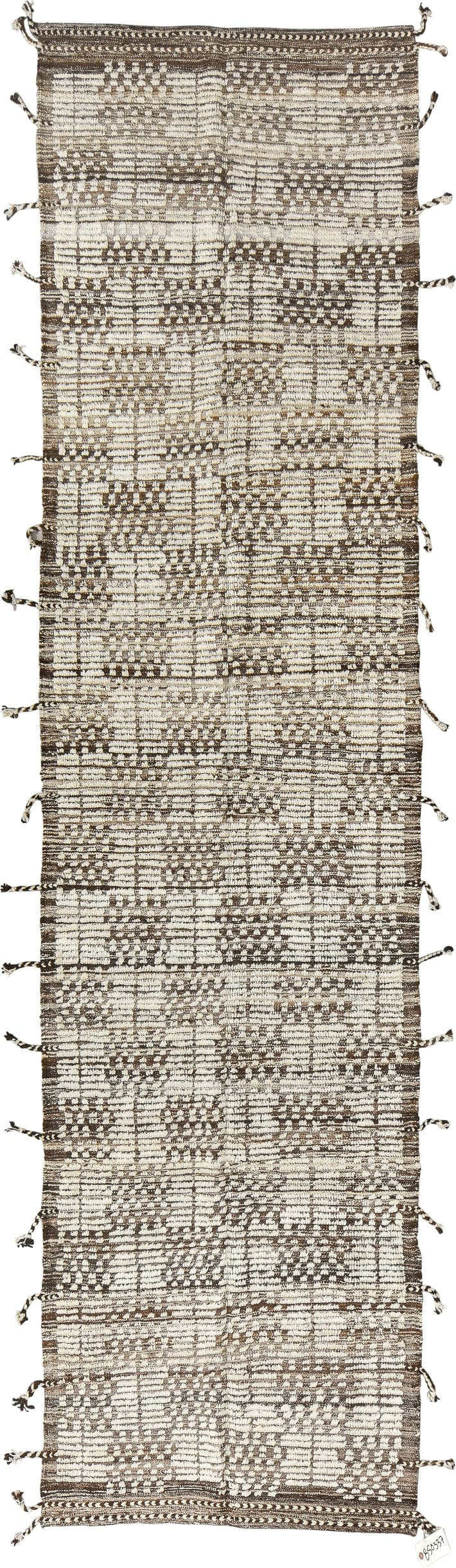 3' x 12' one-of-a-kind handmade vintage Tulu runner rug. Color palette: ivory, brown, taupe, camel, beige, gray