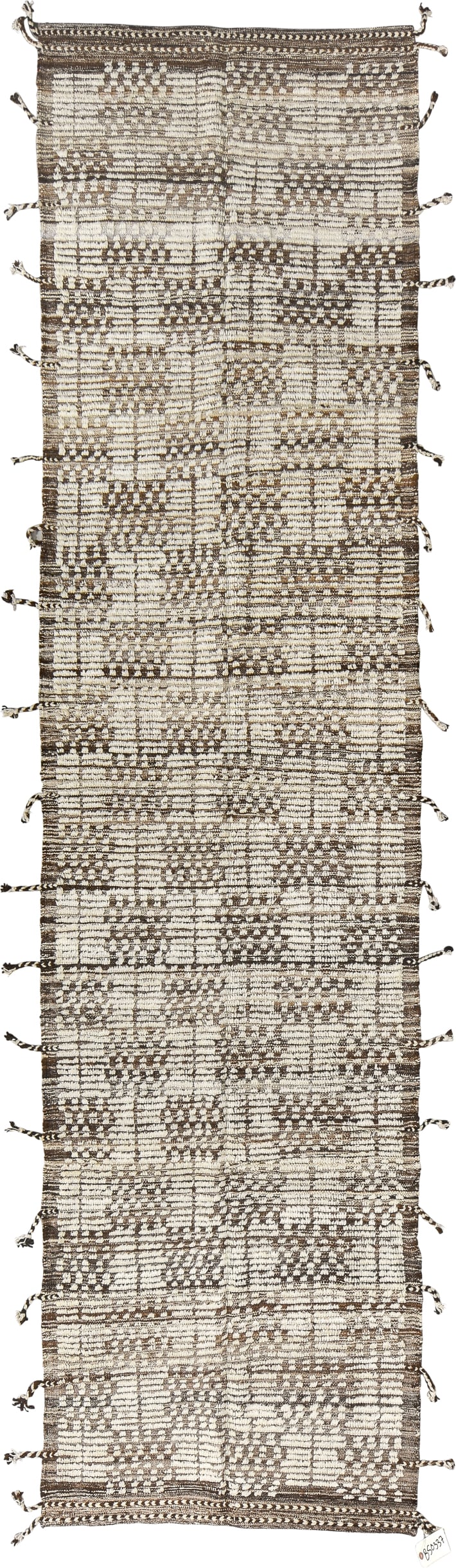 3' x 12' one-of-a-kind handmade vintage Tulu runner rug. Color palette: ivory, brown, taupe, camel, beige, gray