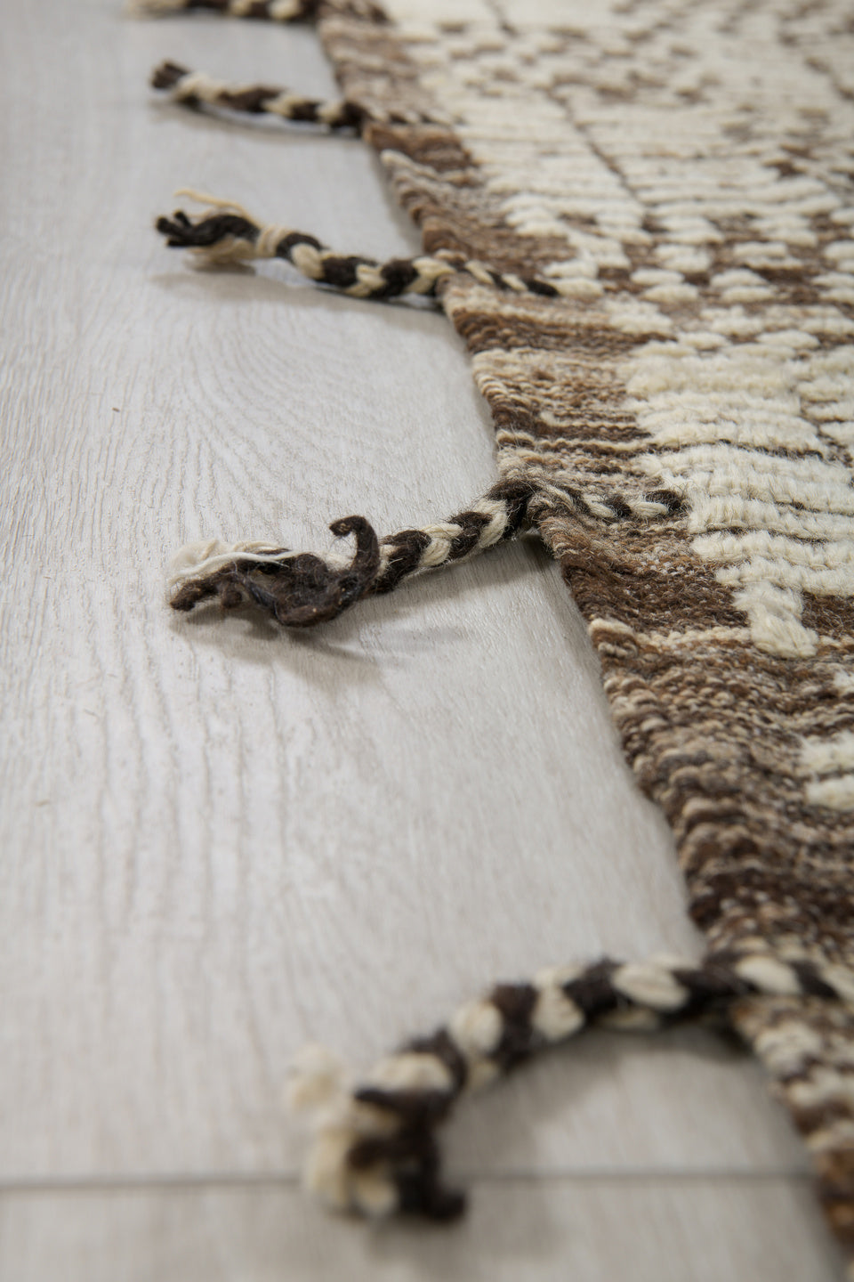 3' x 12' one-of-a-kind handmade vintage Tulu runner rug. Color palette: ivory, brown, taupe, camel, beige, gray