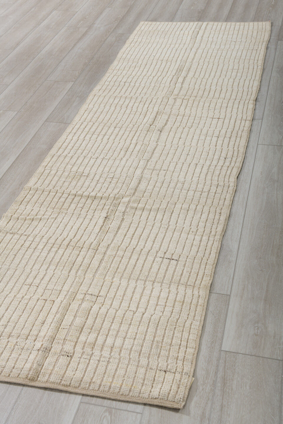 3' x 9' one-of-a-kind handmade vintage Tulu runner rug. Color palette: ivory, cream, taupe, charcoal, beige, gray, black