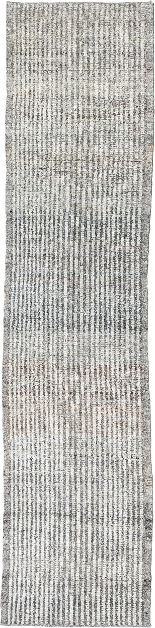 3' x 13' one-of-a-kind handmade vintage Tulu runner rug. Color palette: ivory, gray, taupe, beige, charcoal, black
