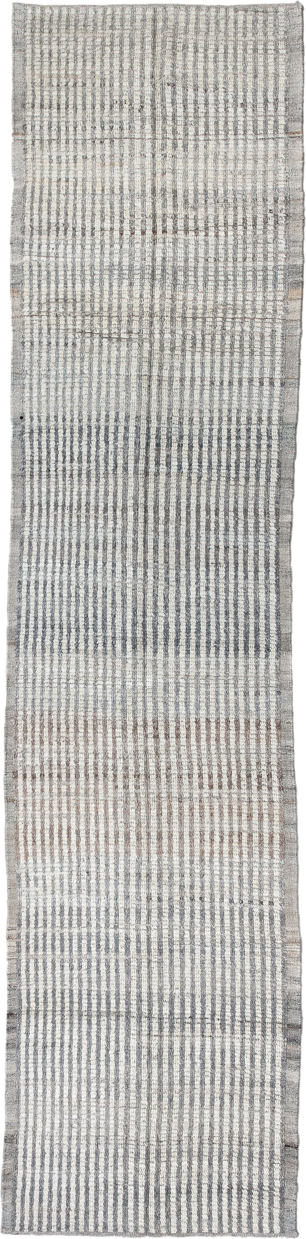 3' x 13' one-of-a-kind handmade vintage Tulu runner rug. Color palette: ivory, gray, taupe, beige, charcoal, black