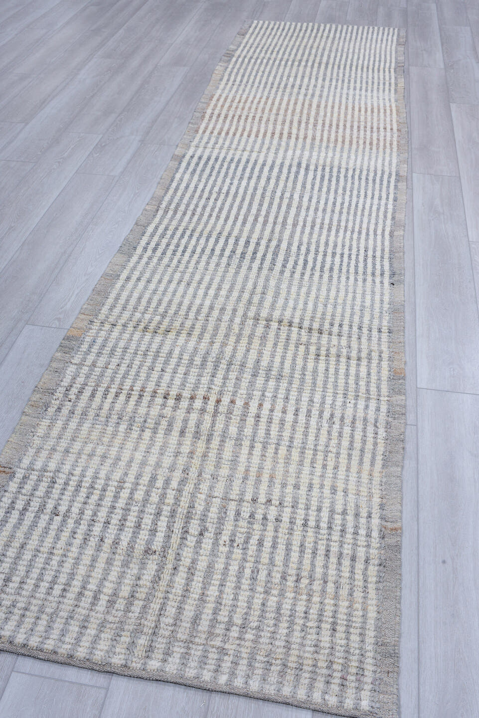 3' x 13' one-of-a-kind handmade vintage Tulu runner rug. Color palette: ivory, gray, taupe, beige, charcoal, black