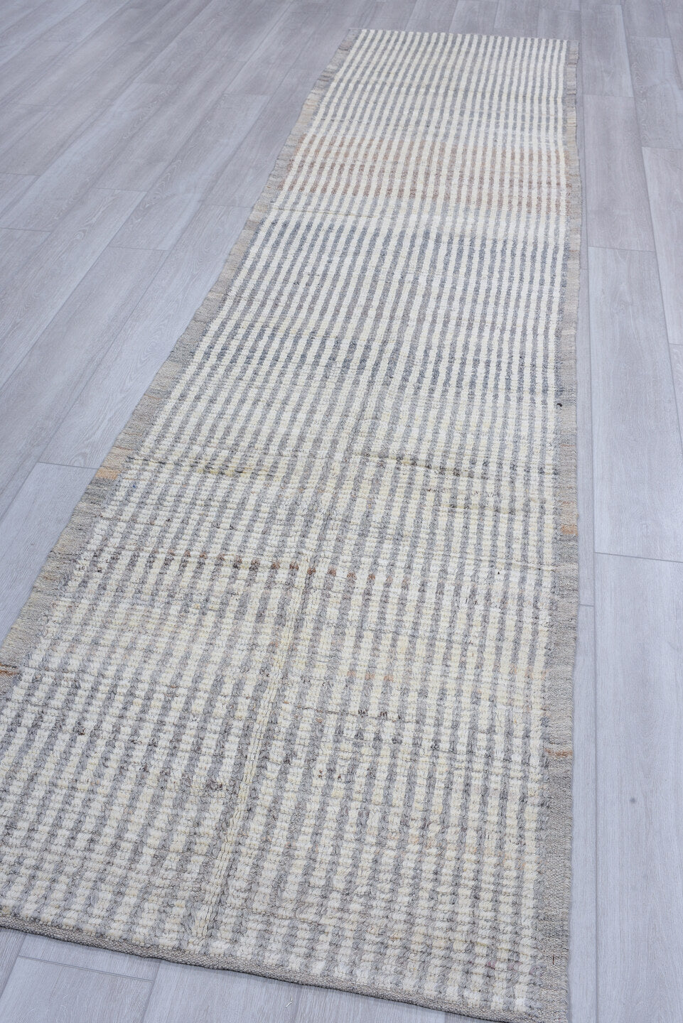3' x 13' one-of-a-kind handmade vintage Tulu runner rug. Color palette: ivory, gray, taupe, beige, charcoal, black