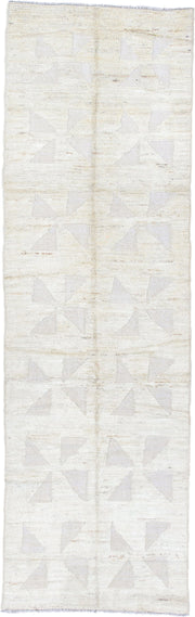 3' x 9' one-of-a-kind handmade vintage Tulu runner rug. Color palette: ivory, cream, taupe, pale gray, beige, gray