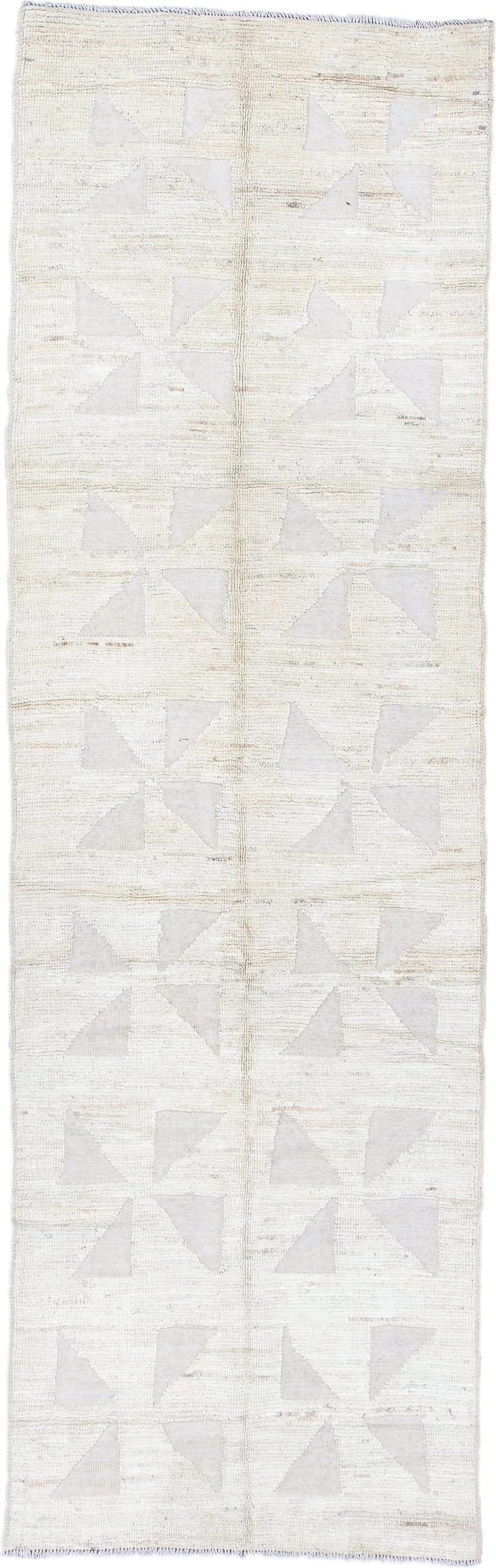 3' x 9' one-of-a-kind handmade vintage Tulu runner rug. Color palette: ivory, cream, taupe, pale gray, beige, gray