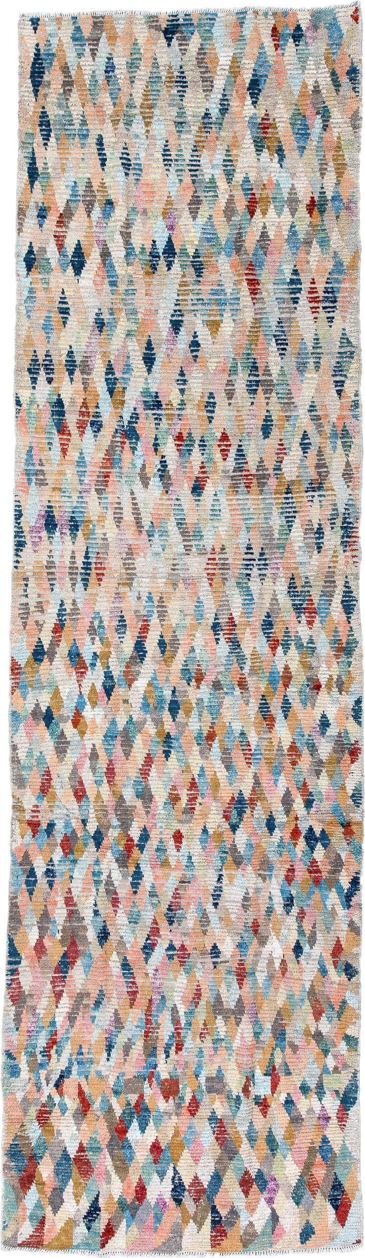 3' x 13' one-of-a-kind handmade vintage Tulu runner rug. Color palette: ivory, sky blue, coral, taupe, navy, rust, rose