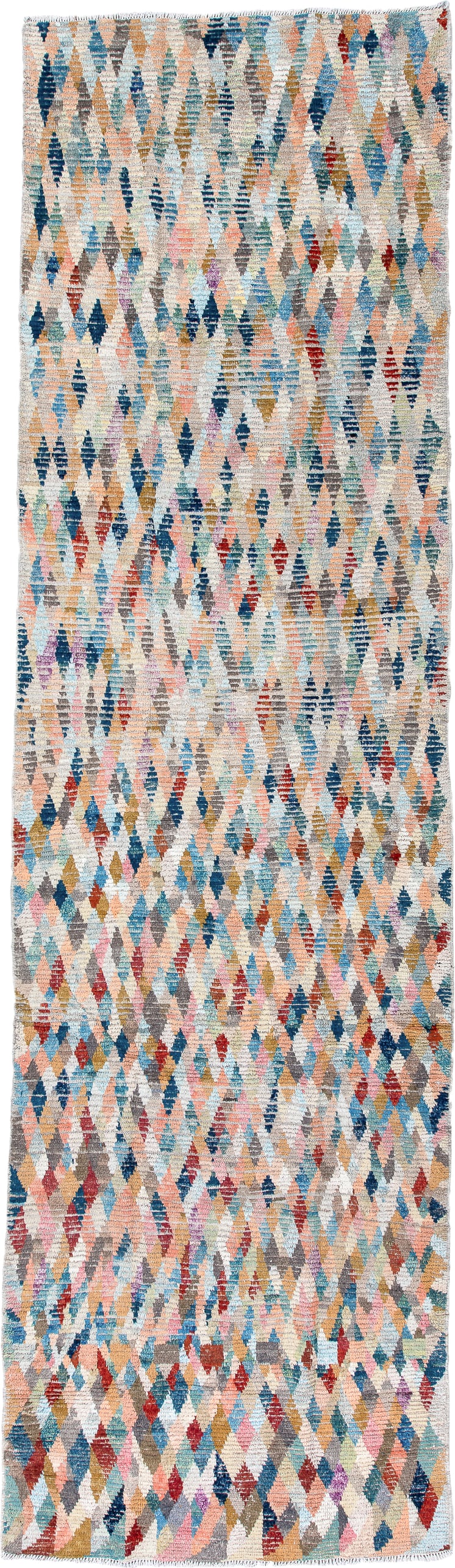 3' x 13' one-of-a-kind handmade vintage Tulu runner rug. Color palette: ivory, sky blue, coral, taupe, navy, rust, rose
