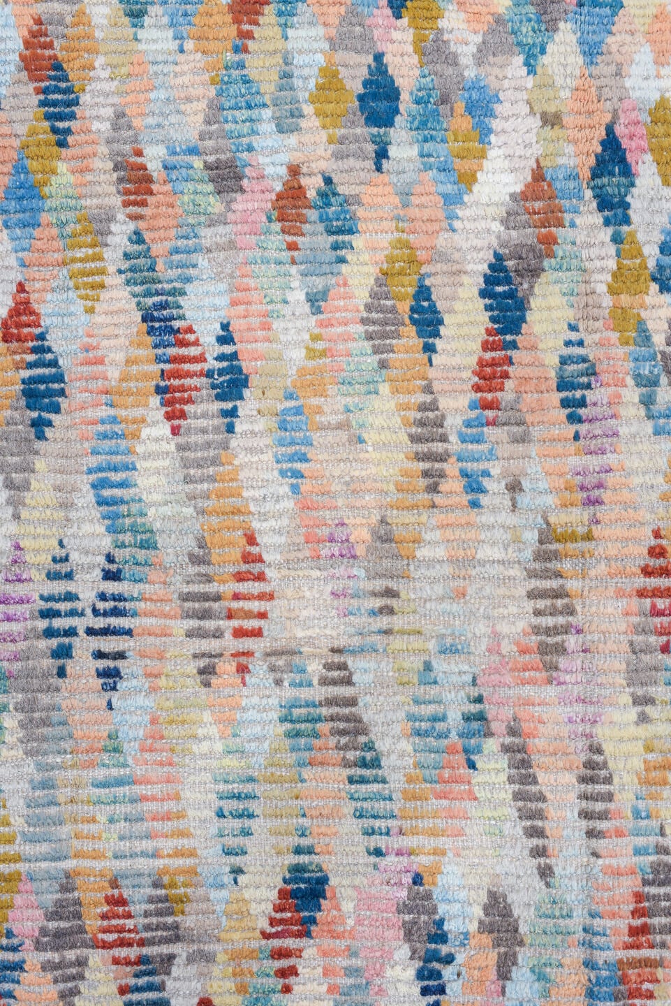 3' x 13' one-of-a-kind handmade vintage Tulu runner rug. Color palette: ivory, sky blue, coral, taupe, navy, rust, rose
