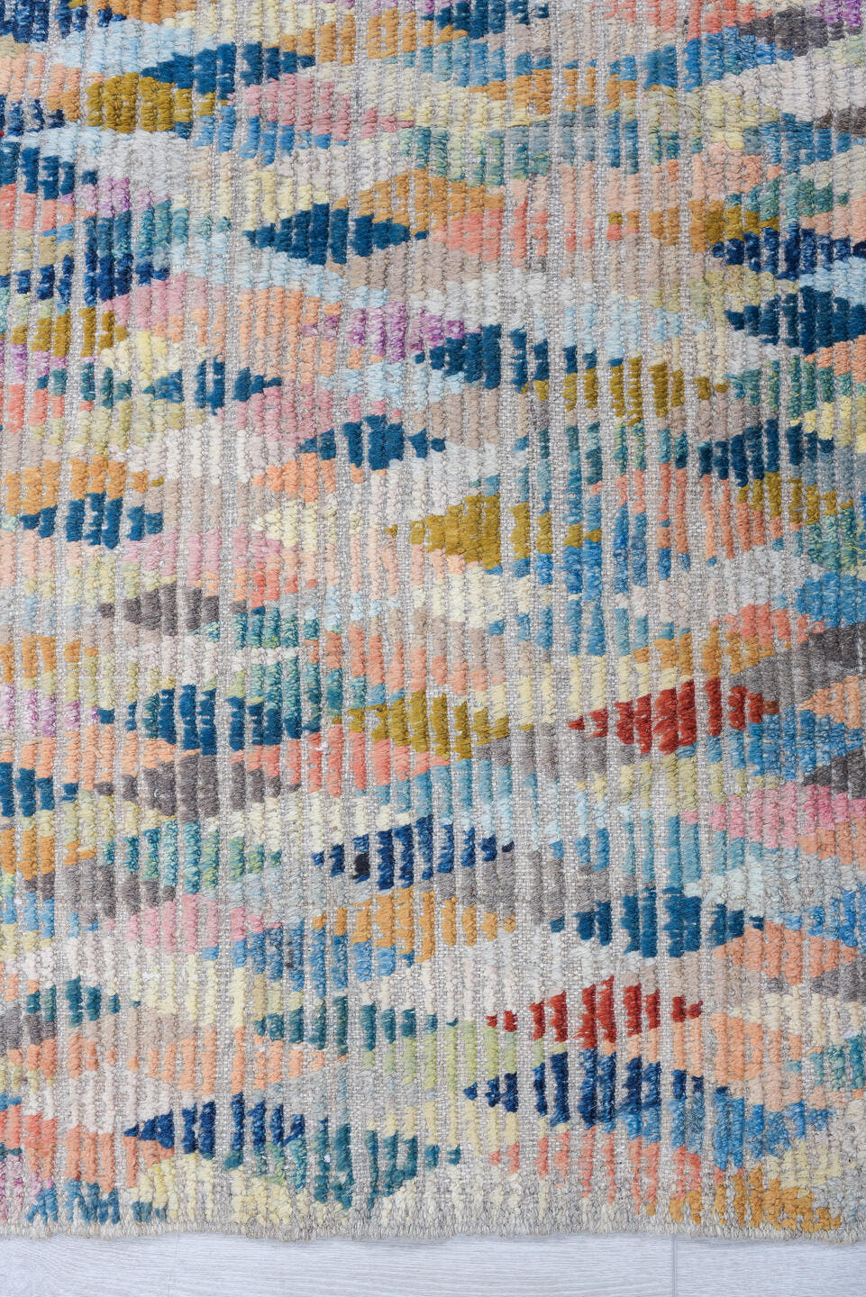 3' x 13' one-of-a-kind handmade vintage Tulu runner rug. Color palette: ivory, sky blue, coral, taupe, navy, rust, rose