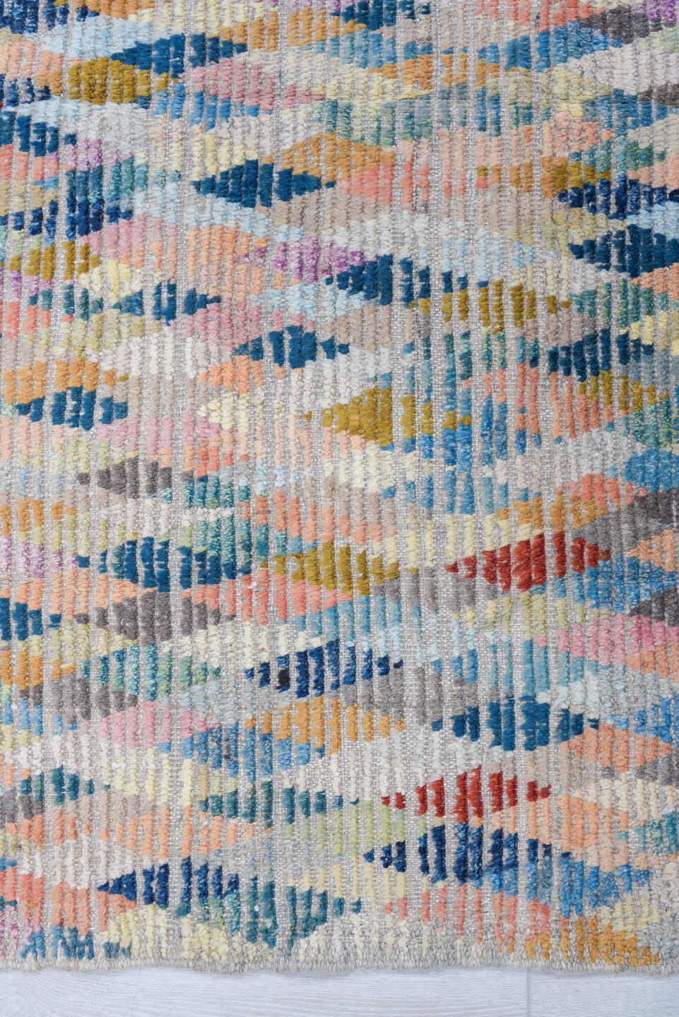 3' x 13' one-of-a-kind handmade vintage Tulu runner rug. Color palette: ivory, sky blue, coral, taupe, navy, rust, rose