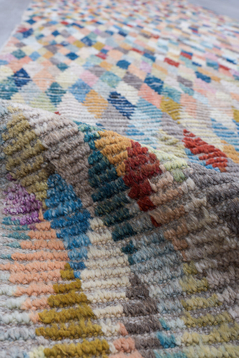 3' x 13' one-of-a-kind handmade vintage Tulu runner rug. Color palette: ivory, sky blue, coral, taupe, navy, rust, rose