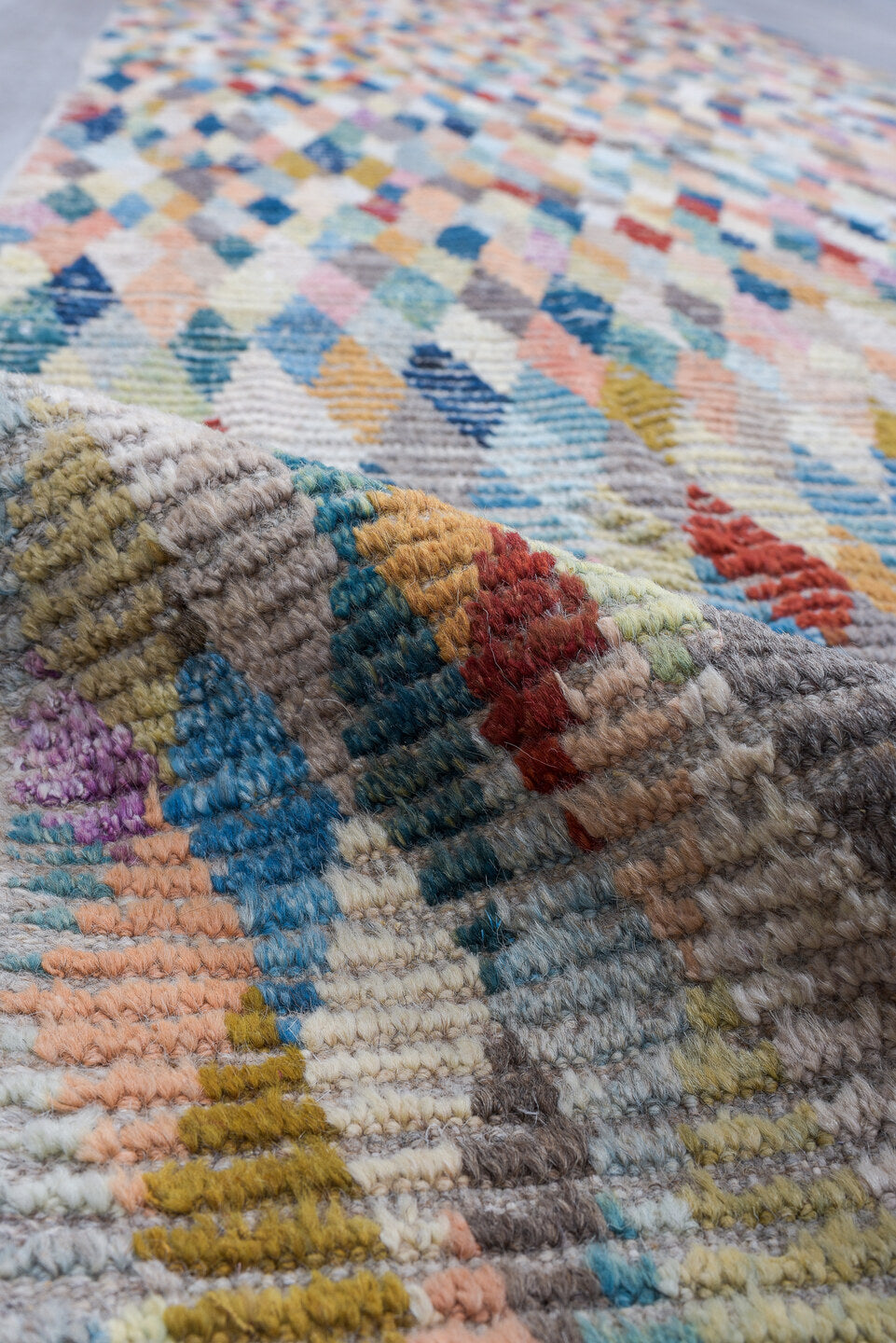3' x 13' one-of-a-kind handmade vintage Tulu runner rug. Color palette: ivory, sky blue, coral, taupe, navy, rust, rose