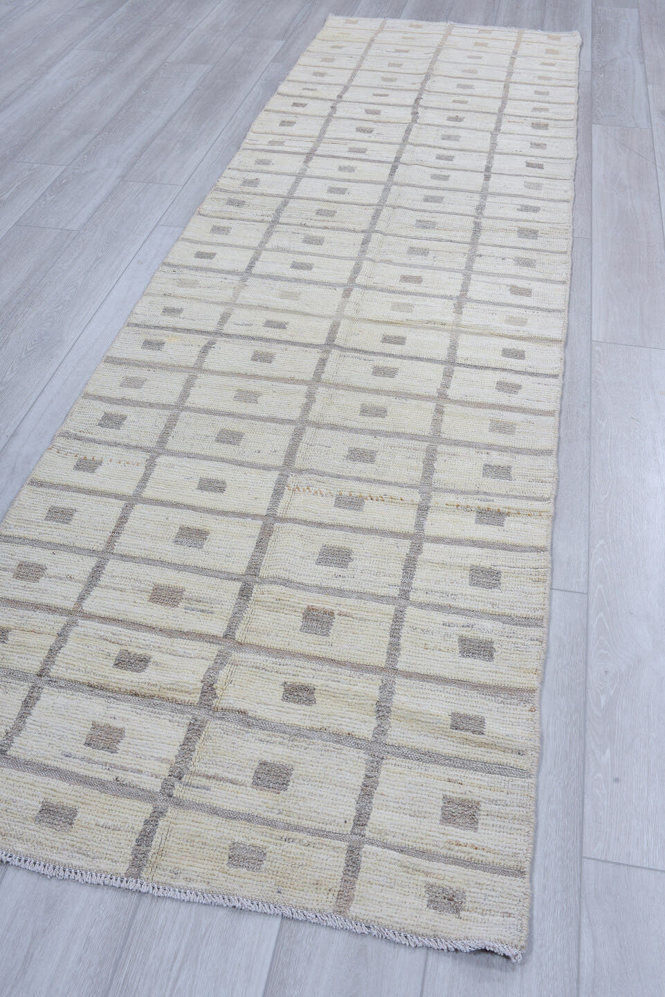 3' x 11' one-of-a-kind handmade vintage Tulu runner rug. Color palette: ivory, taupe, beige, light_gray, gray, light gray