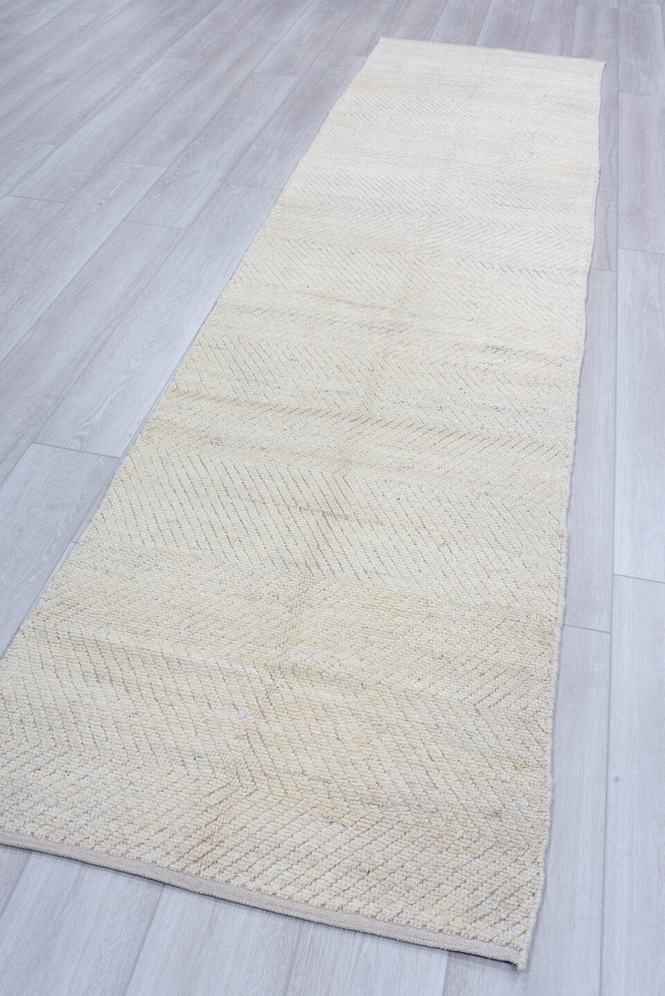 3' x 11' one-of-a-kind handmade vintage Tulu runner rug. Color palette: ivory, cream, taupe, light gray, beige, gray