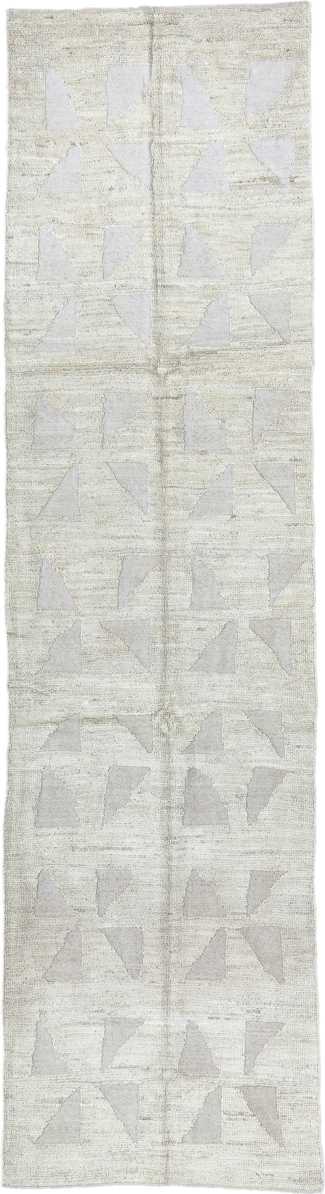 3' x 10' one-of-a-kind handmade vintage Tulu runner rug. Color palette: ivory, cream, taupe, beige, light gray, gray