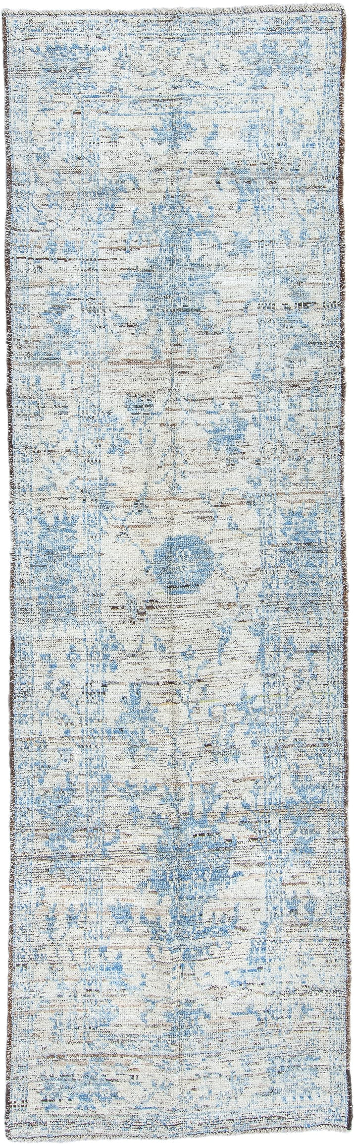 3' x 10' one-of-a-kind handmade vintage Tulu runner rug. Color palette: ivory, sky blue, taupe, beige, brown, light blue