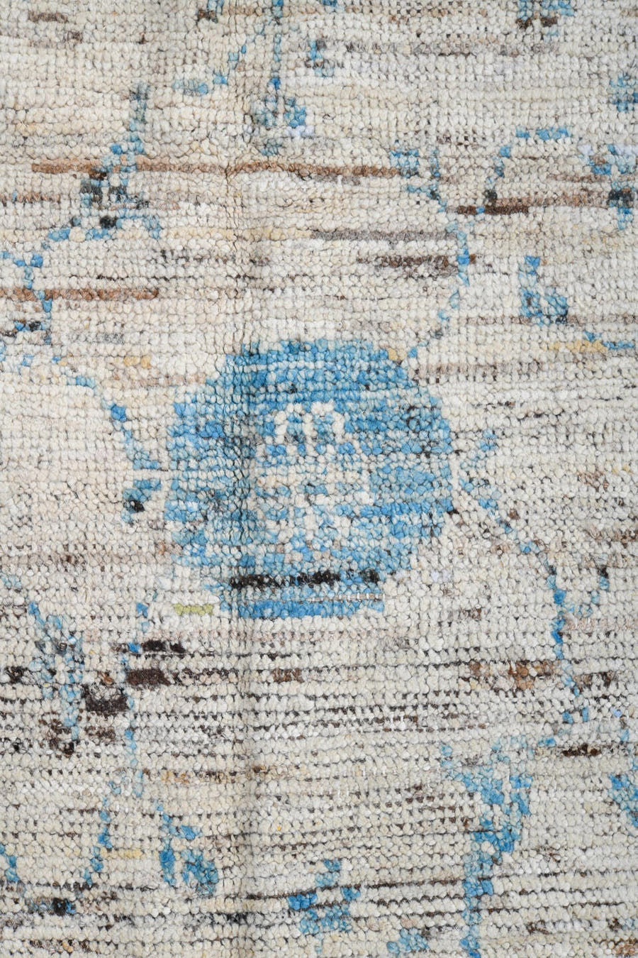 3' x 10' one-of-a-kind handmade vintage Tulu runner rug. Color palette: ivory, sky blue, taupe, beige, brown, light blue