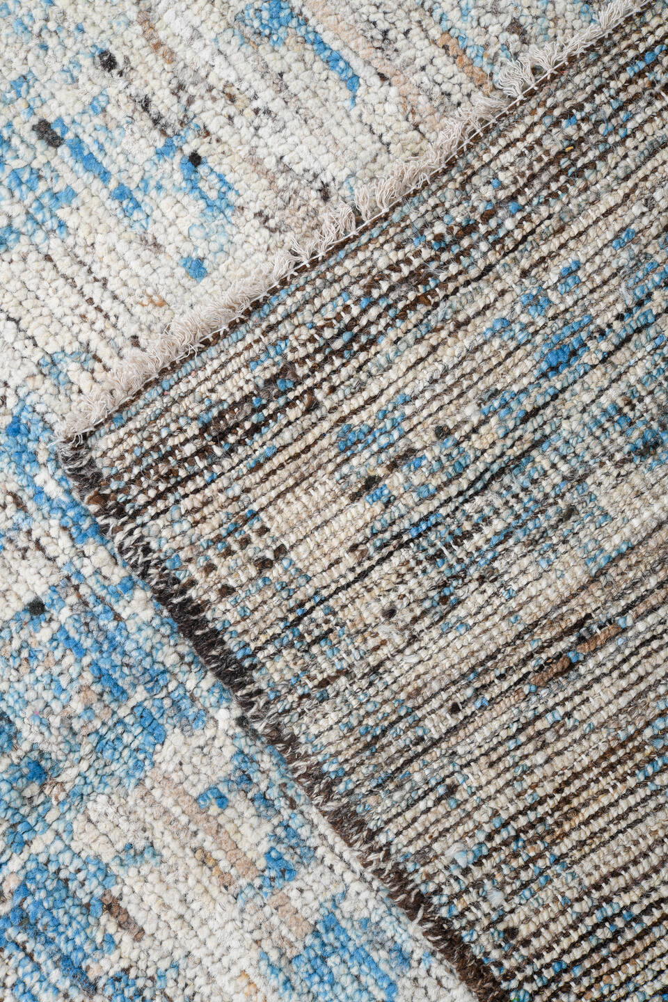 3' x 10' one-of-a-kind handmade vintage Tulu runner rug. Color palette: ivory, sky blue, taupe, beige, brown, light blue