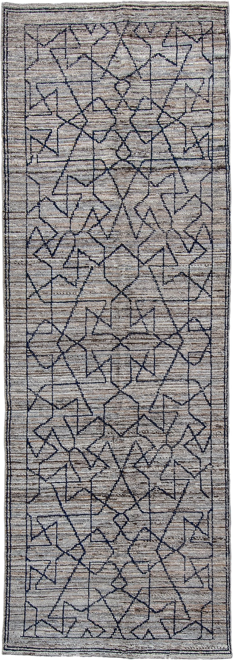 3' x 9' one-of-a-kind handmade vintage Tulu runner rug. Color palette: ivory, taupe, charcoal, gray, beige, black