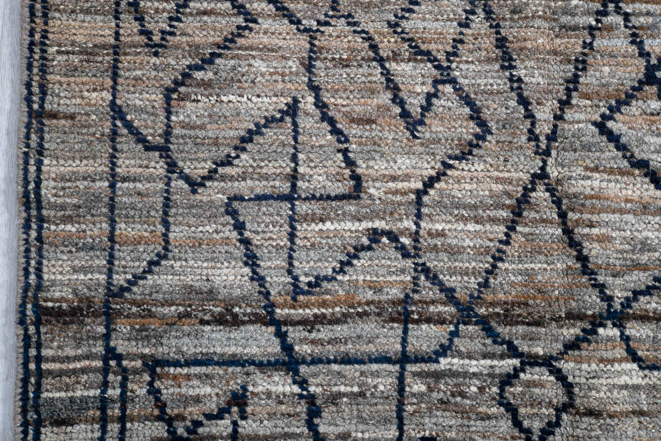 3' x 9' one-of-a-kind handmade vintage Tulu runner rug. Color palette: ivory, taupe, charcoal, gray, beige, black