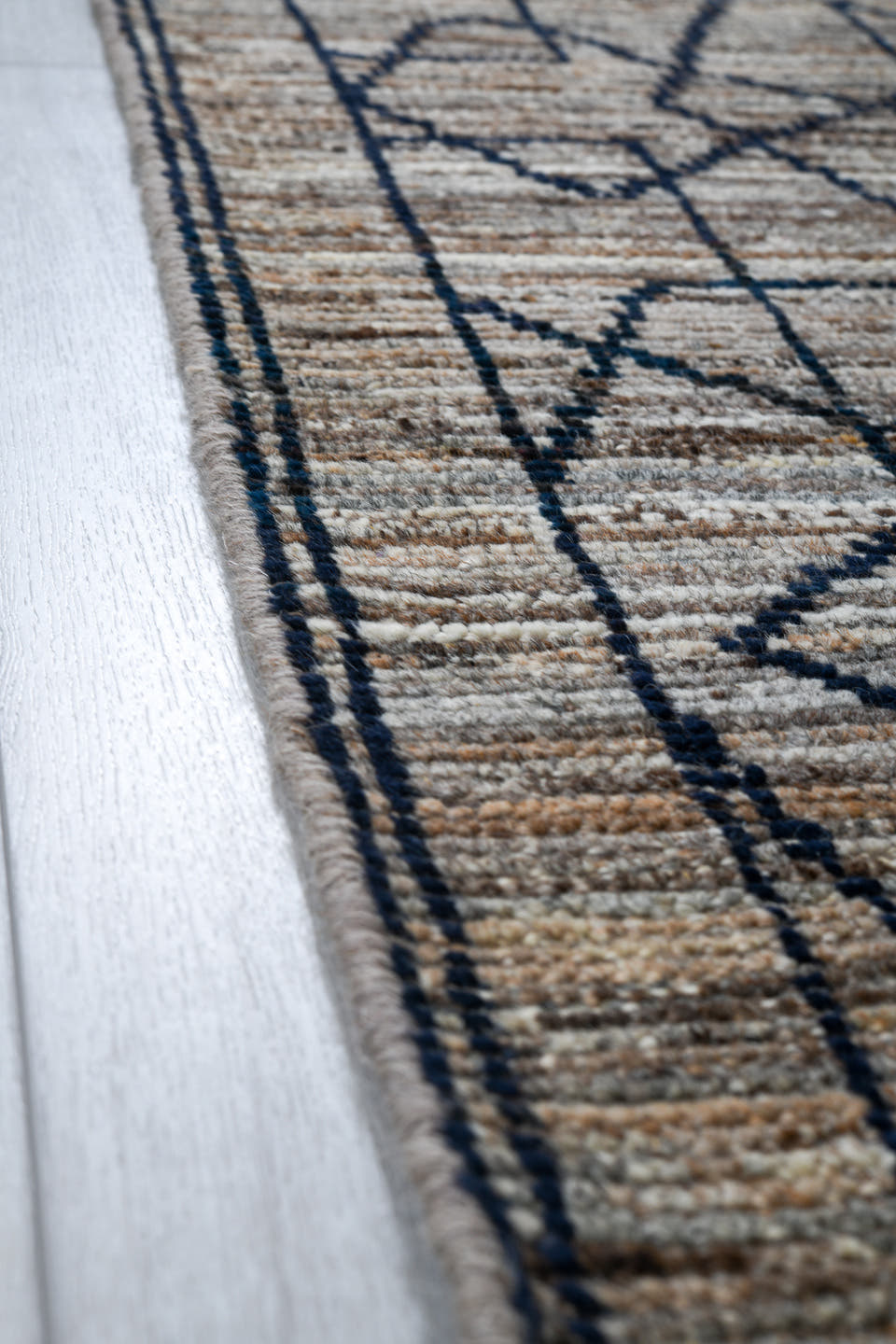 3' x 9' one-of-a-kind handmade vintage Tulu runner rug. Color palette: ivory, taupe, charcoal, gray, beige, black