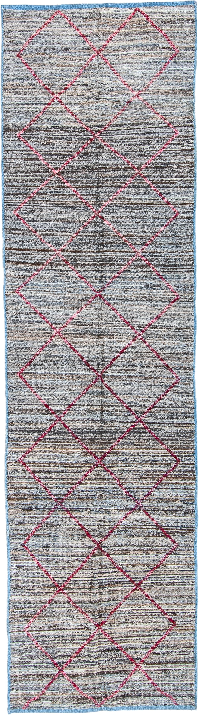 2' x 10' one-of-a-kind handmade vintage Tulu runner rug. Color palette: gray, ivory, pink, charcoal, sky_blue, black