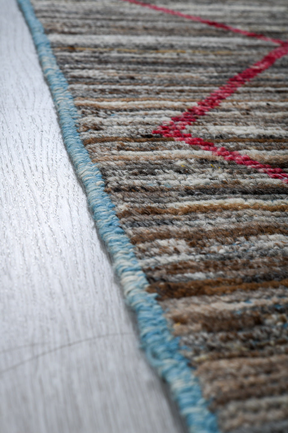 2' x 10' one-of-a-kind handmade vintage Tulu runner rug. Color palette: gray, ivory, pink, charcoal, sky_blue, black