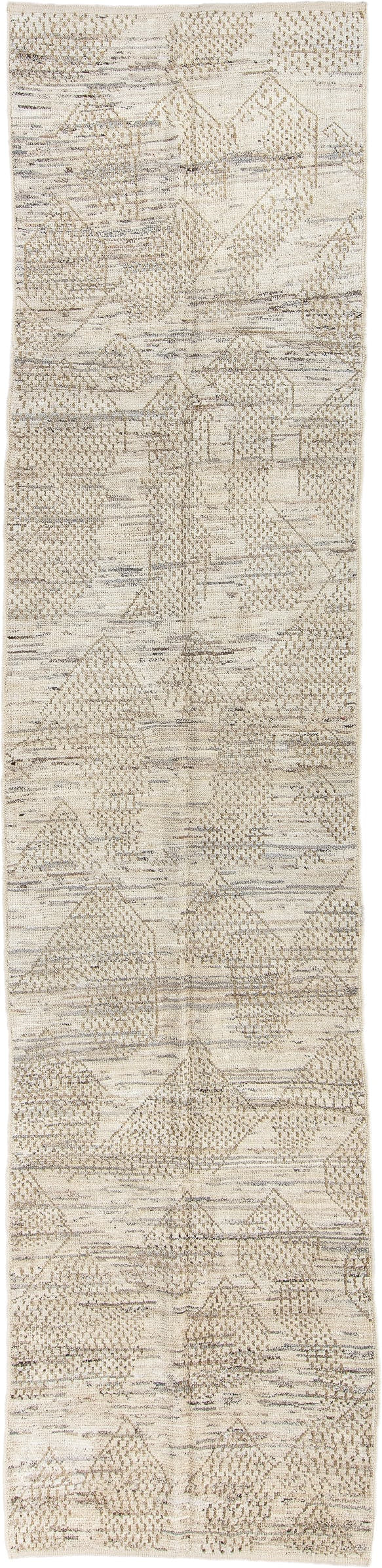 3' x 13' one-of-a-kind handmade vintage Tulu runner rug. Color palette: ivory, taupe, beige, camel, gray