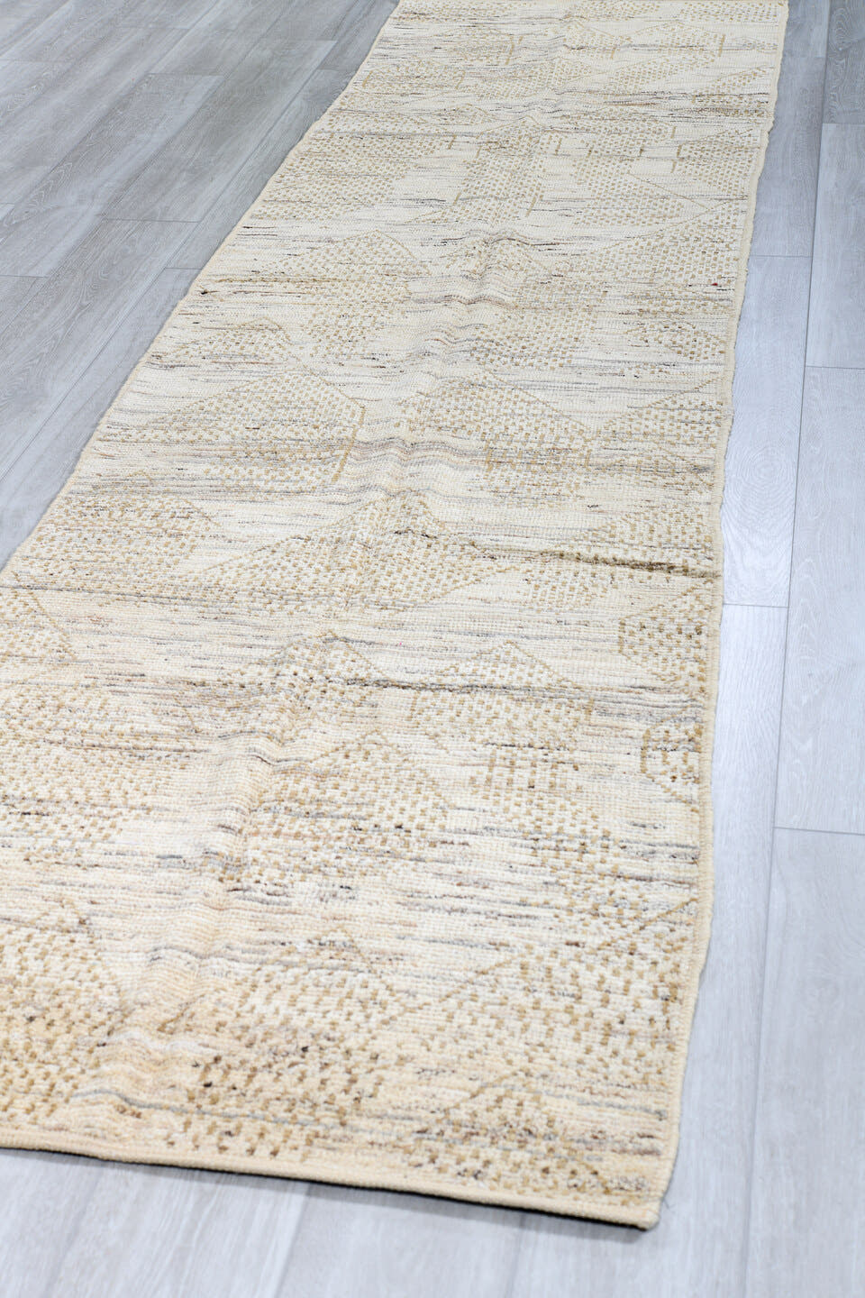 3' x 13' one-of-a-kind handmade vintage Tulu runner rug. Color palette: ivory, taupe, beige, camel, gray