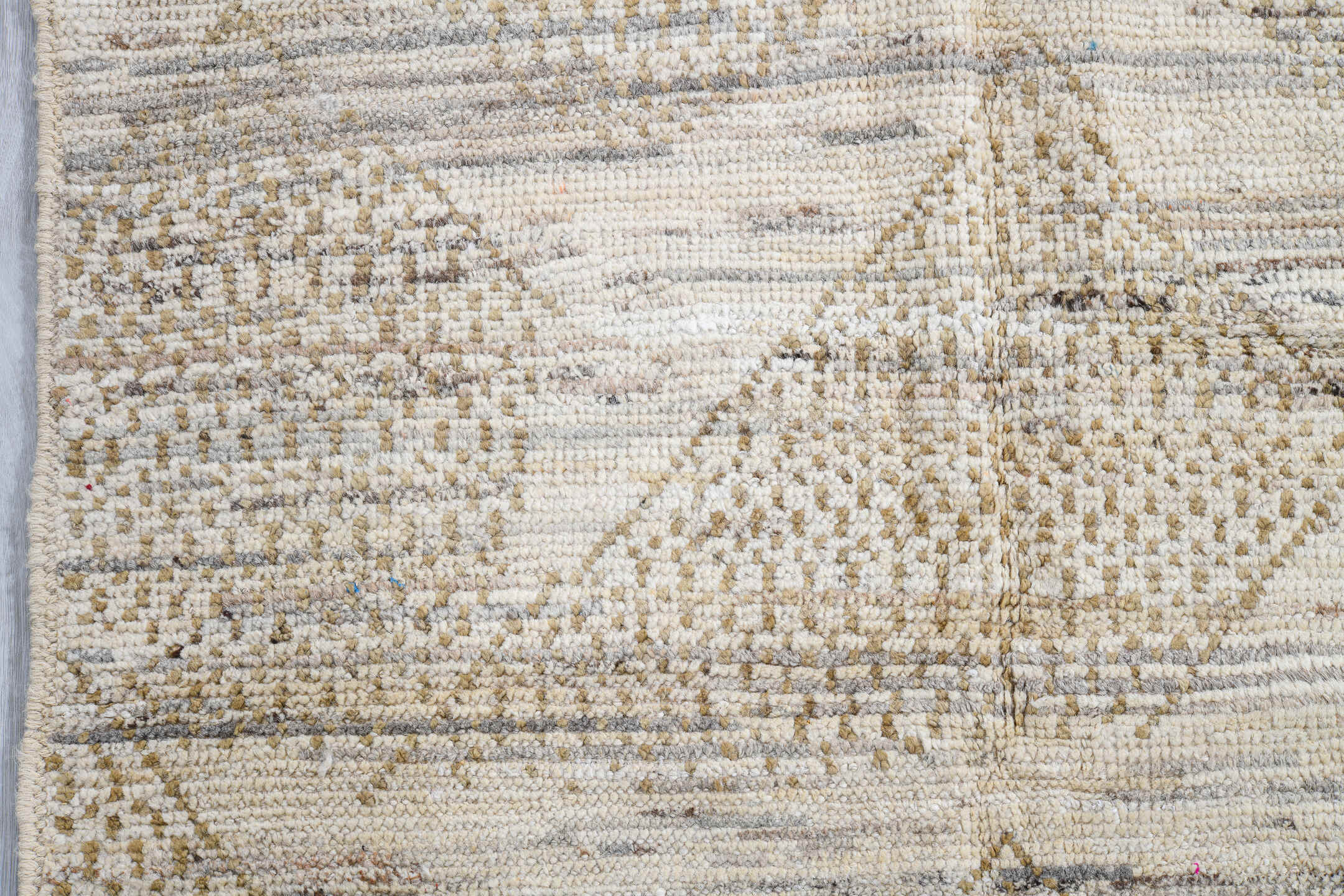 3' x 13' one-of-a-kind handmade vintage Tulu runner rug. Color palette: ivory, taupe, beige, camel, gray