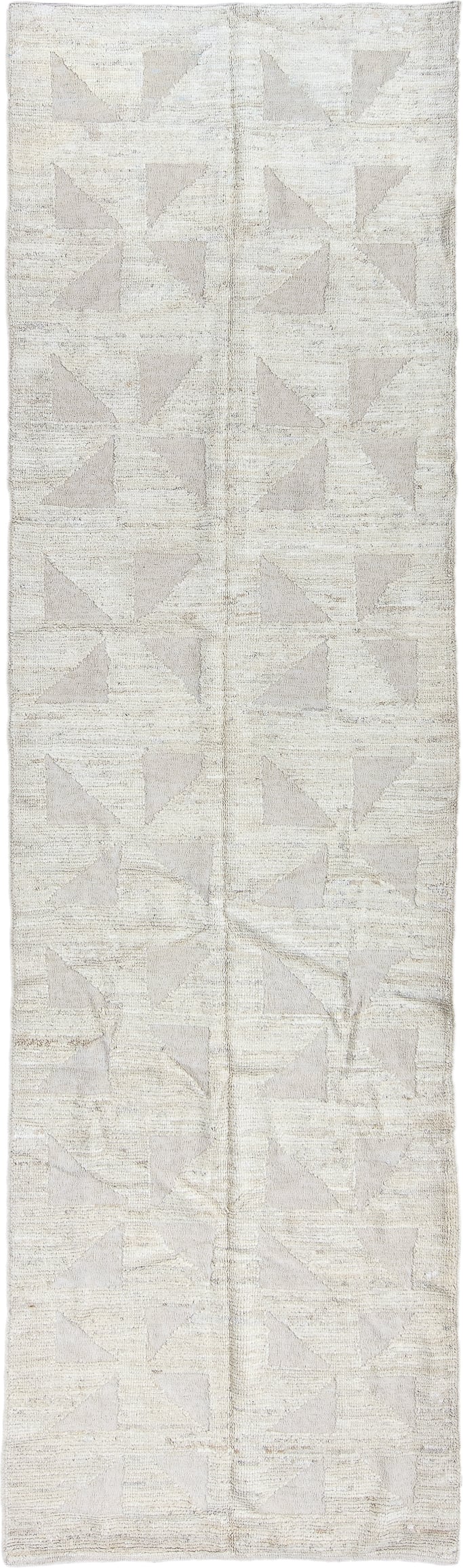3' x 11' one-of-a-kind handmade vintage Tulu runner rug. Color palette: ivory, taupe, cream, beige, gray