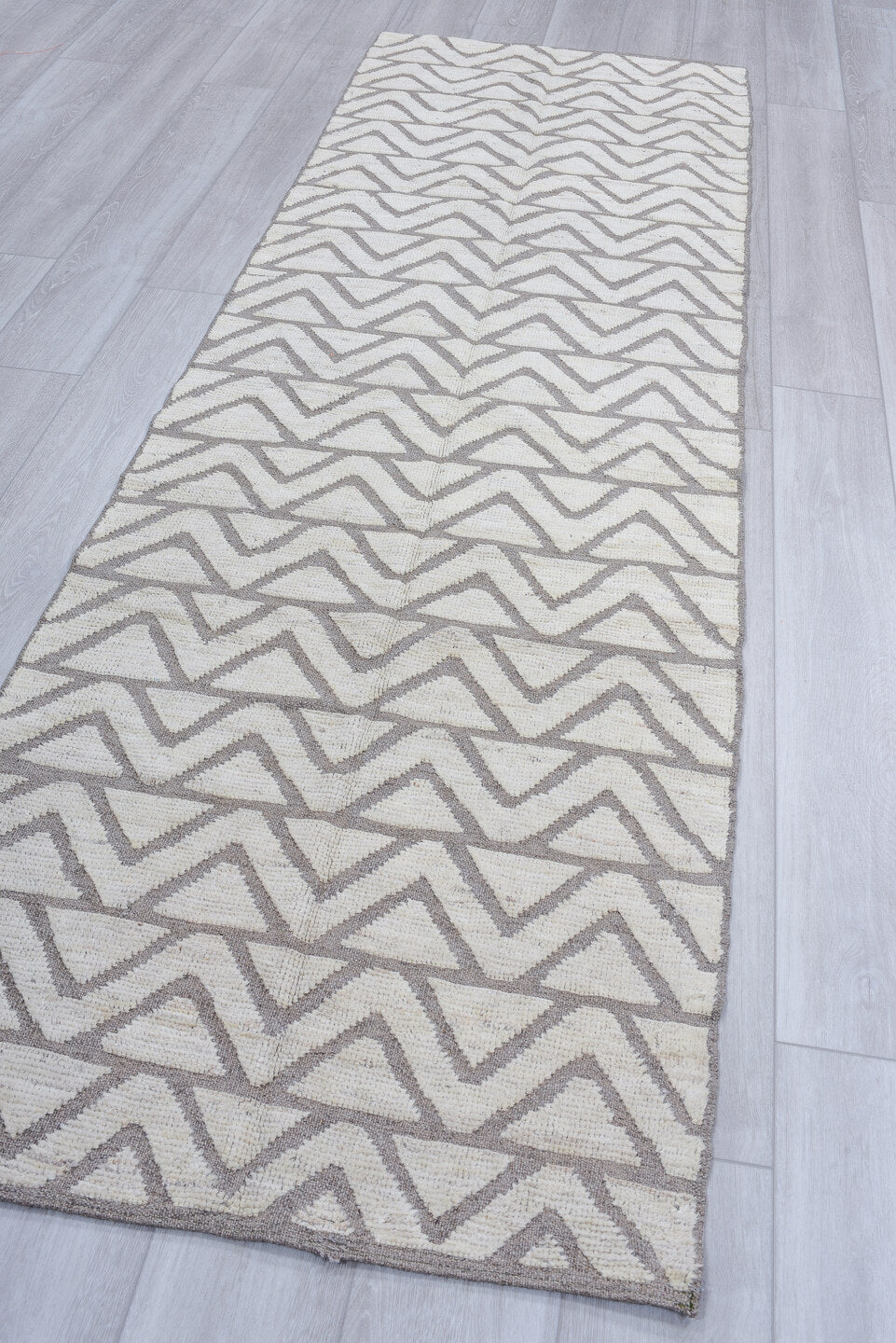3' x 9' one-of-a-kind handmade vintage Tulu runner rug. Color palette: ivory, gray, taupe, beige