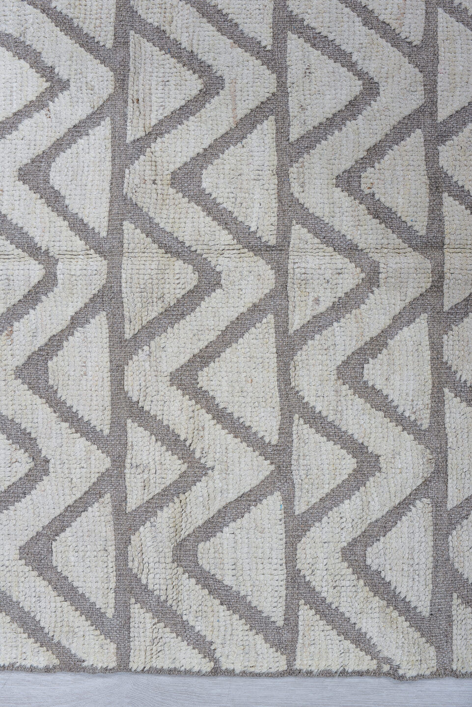 3' x 9' one-of-a-kind handmade vintage Tulu runner rug. Color palette: ivory, gray, taupe, beige