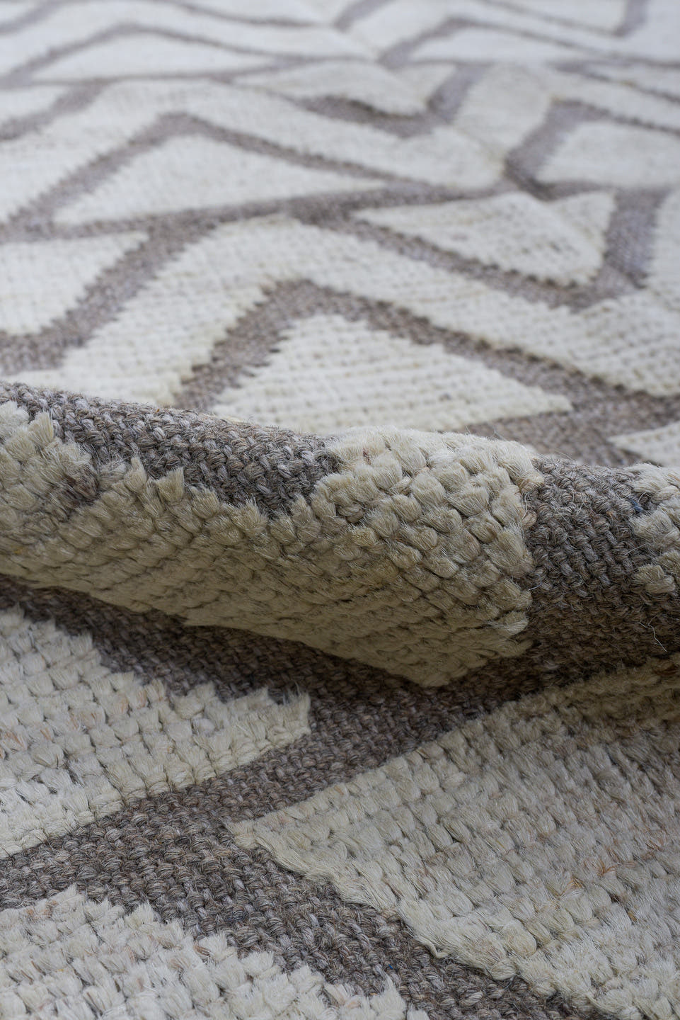 3' x 9' one-of-a-kind handmade vintage Tulu runner rug. Color palette: ivory, gray, taupe, beige