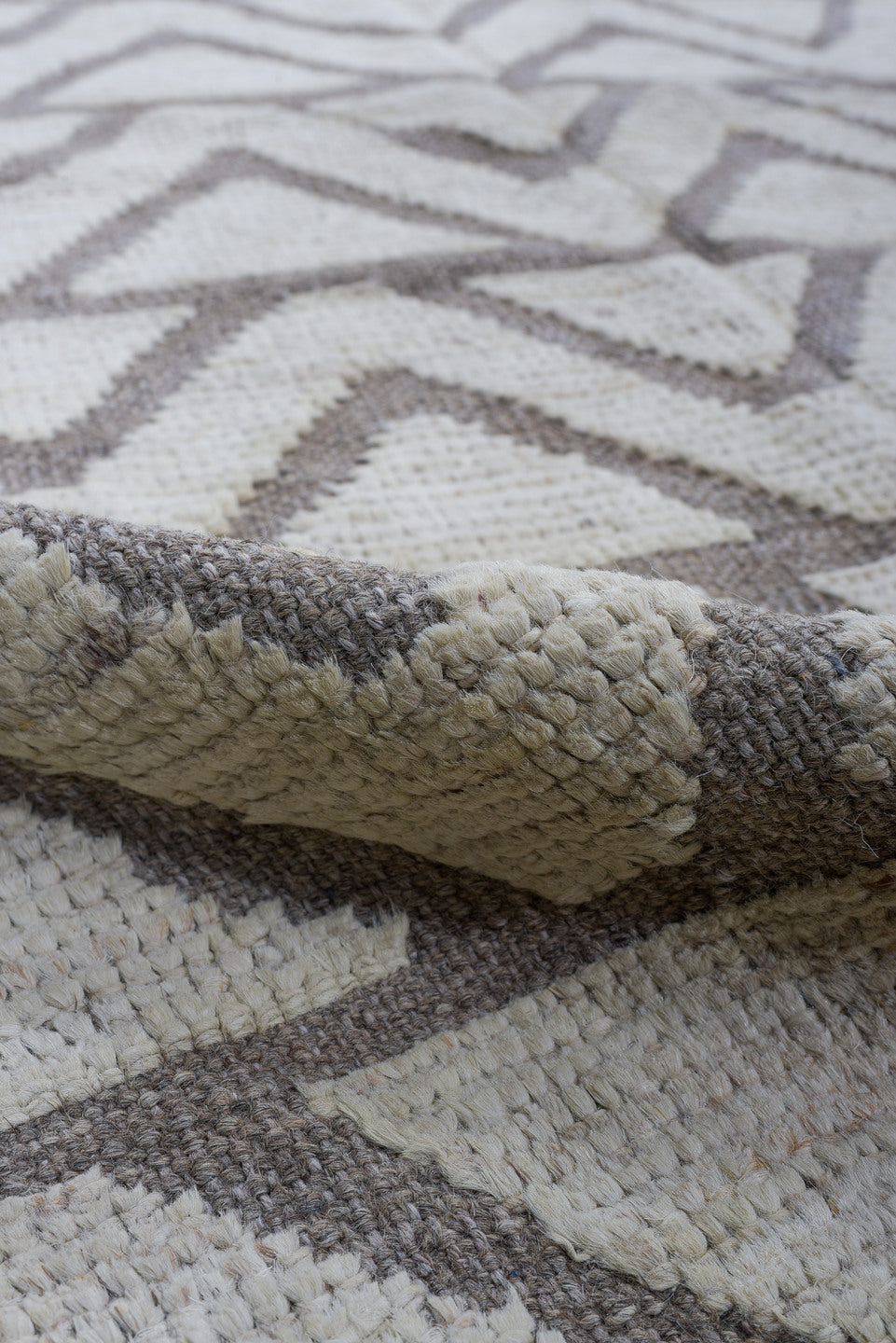 3' x 9' one-of-a-kind handmade vintage Tulu runner rug. Color palette: ivory, gray, taupe, beige