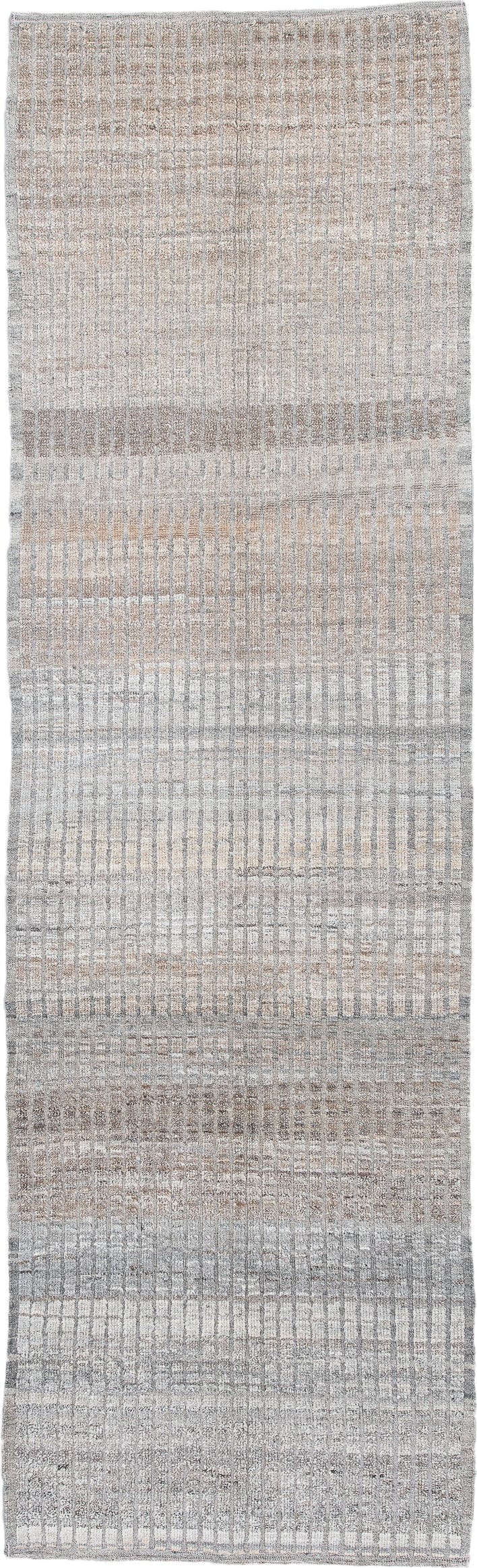 3' x 10' one-of-a-kind handmade vintage Tulu runner rug. Color palette: ivory, pale gray, taupe, stone, beige, light gray